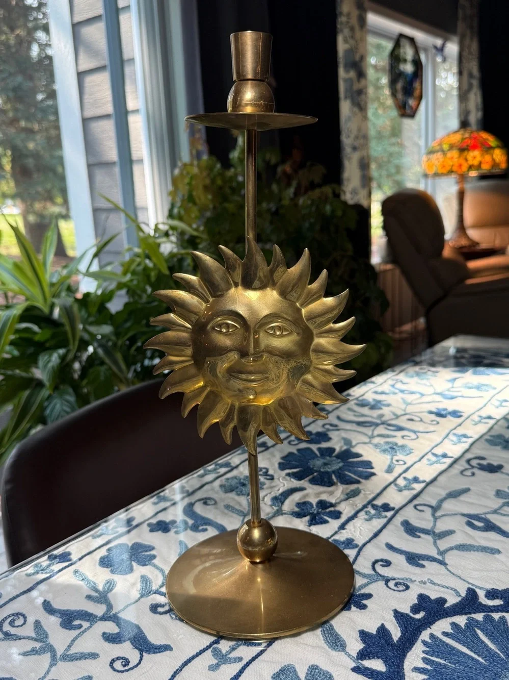VTG Pier 1 Celestial Brass SunFace Candlestick Holder Taper Gold Whimsical Metal